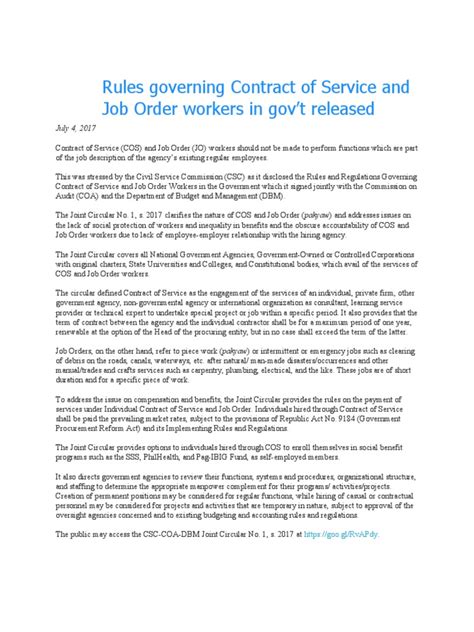 Rules in Governing Contract of Service and Job Order Workers in .